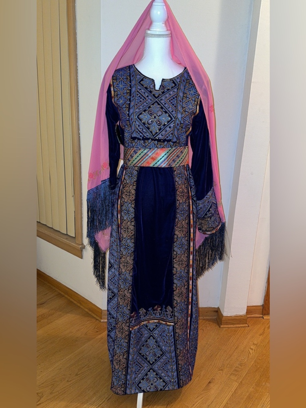 Traditional Embroidered Navy Blue Maxi Dress with Pink Scarf